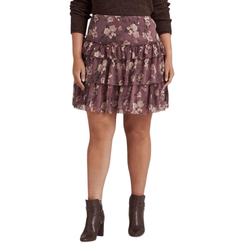 NWT Lauren Ralph Lauren Georgette Purple Floral‎ Crinkle Tiered Ruffle Skirt